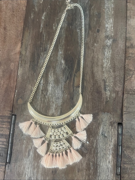 Jewelry - Gold-Tone Statement Necklace with Blush Pink Tassels